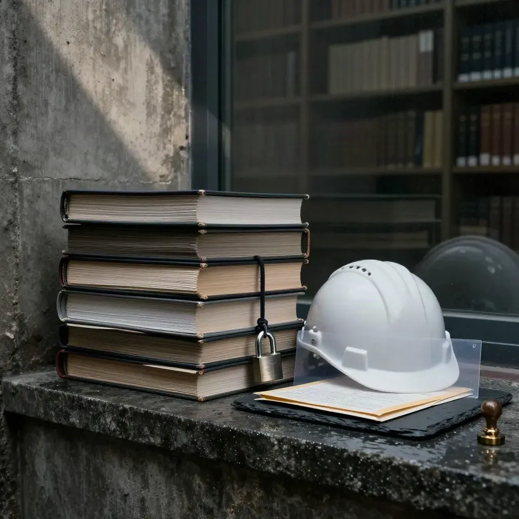 Pile di dossier, lucchetto, casco, buste e sigillo su ardesia in luce drammatica