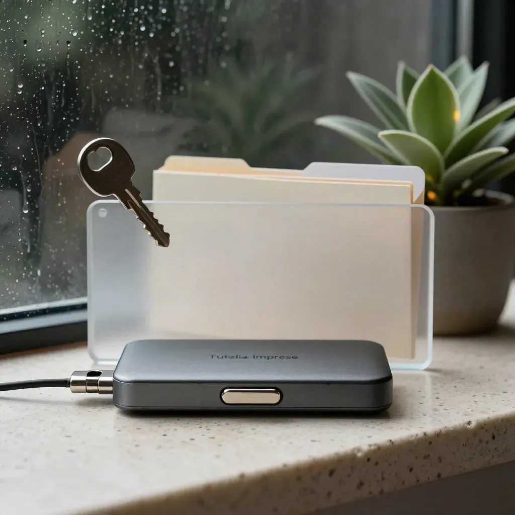 Drive criptato, pannello privacy satinato, cartelle GDPR chiuse e pianta su banco in travertino.