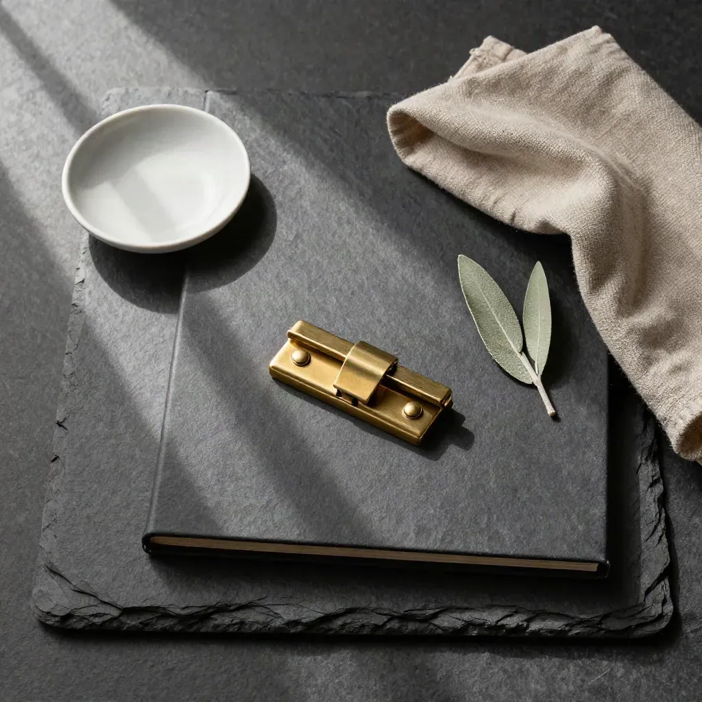 Flatlay dall’alto con fermaglio in ottone, lino avorio, ciotola ceramica e foglia verde.
