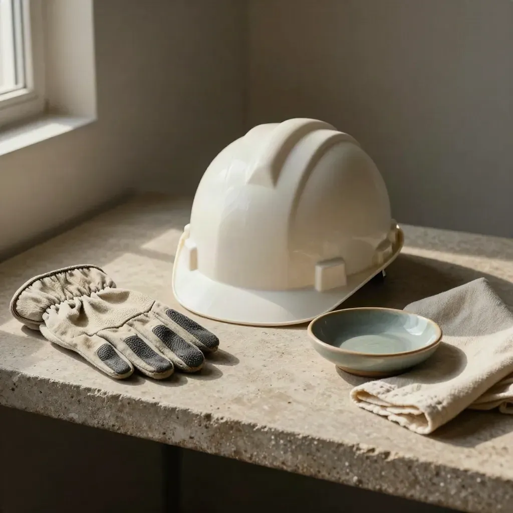 Casco da lavoro, guanti arrotolati, piattino e telo su pietra, luce laterale.